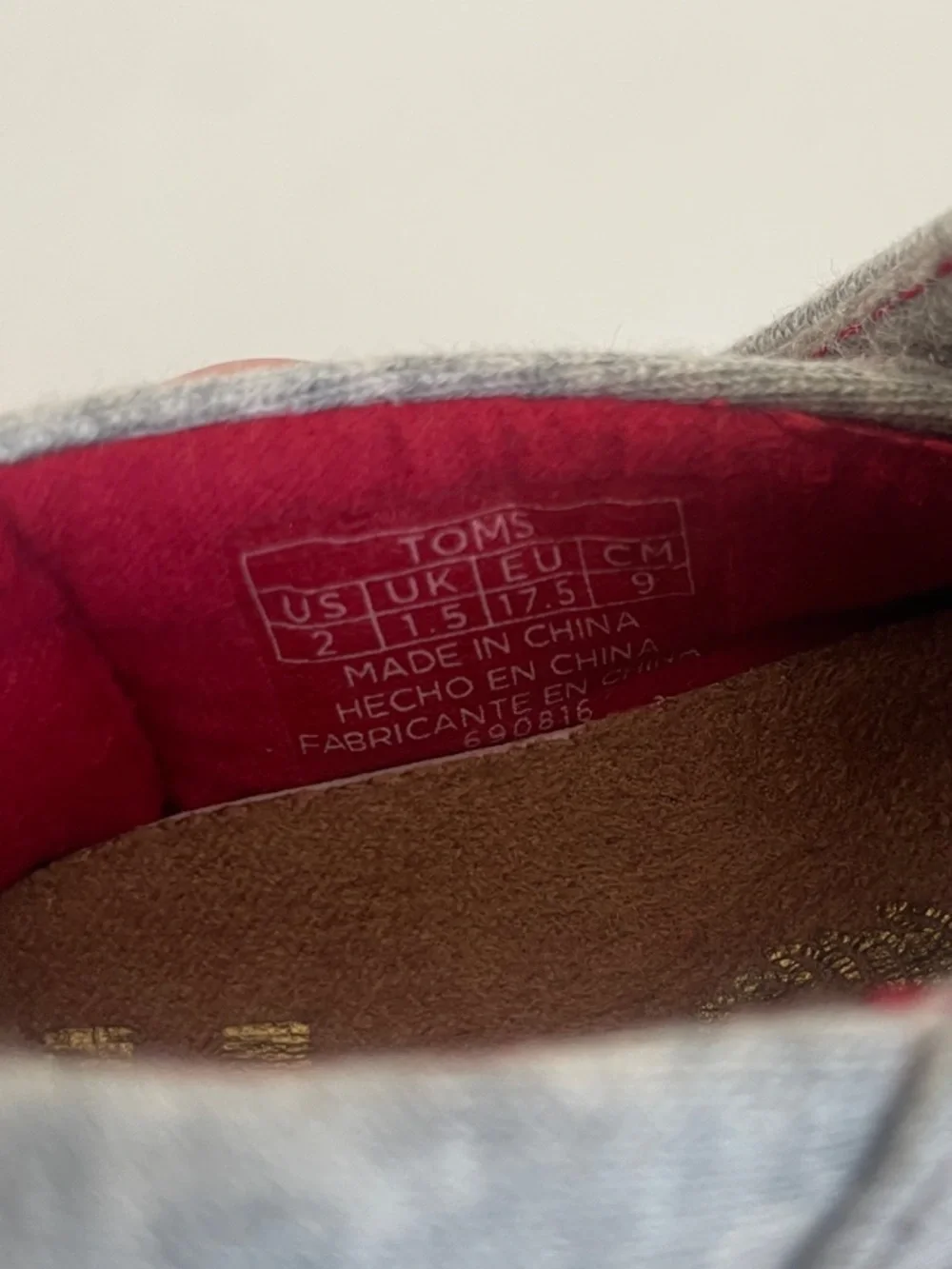 Toms Grey Slip-On Baby Shoes with Red Accents and Rooster Stitch (NWOT) size 2